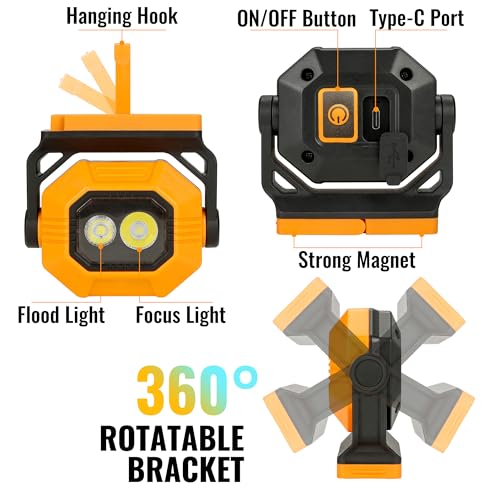 LED Rechargeable Work Light, 1500LM Portable COB Magnetic Lights with 3 Modes & 360°Rotatable, IPX4 Waterproof Worklight for Car Repairing
