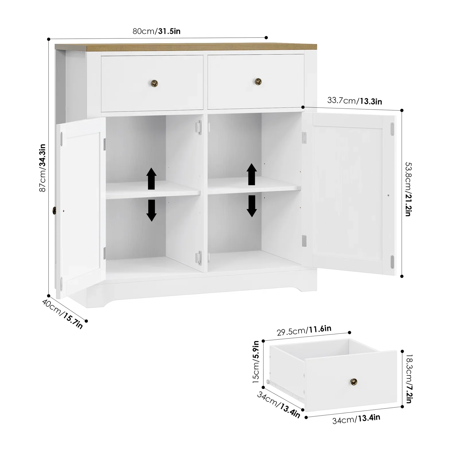Homfa Accent Cabinet with 2 Drawers & 2 Doors, 31.4'' Wide Farmhouse Storage Cabinet for Living Room, White