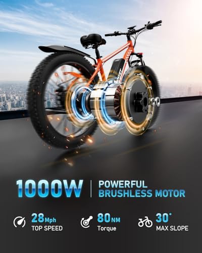 EB26 Electric Bike for Adults Peak 1500W Electric Bicycle 48V 15AH (720WH) Battery Electric Bike 26" Fat Tire Mountain 28mph 7 Speed Gears Ebike