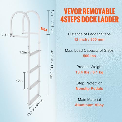 VEVOR Dock Ladder, Removable 5 Steps, 500 lbs Load Capacity, Aluminum Alloy Pontoon Boat Ladder with 3.1'' Wide Step & Nonslip Mat