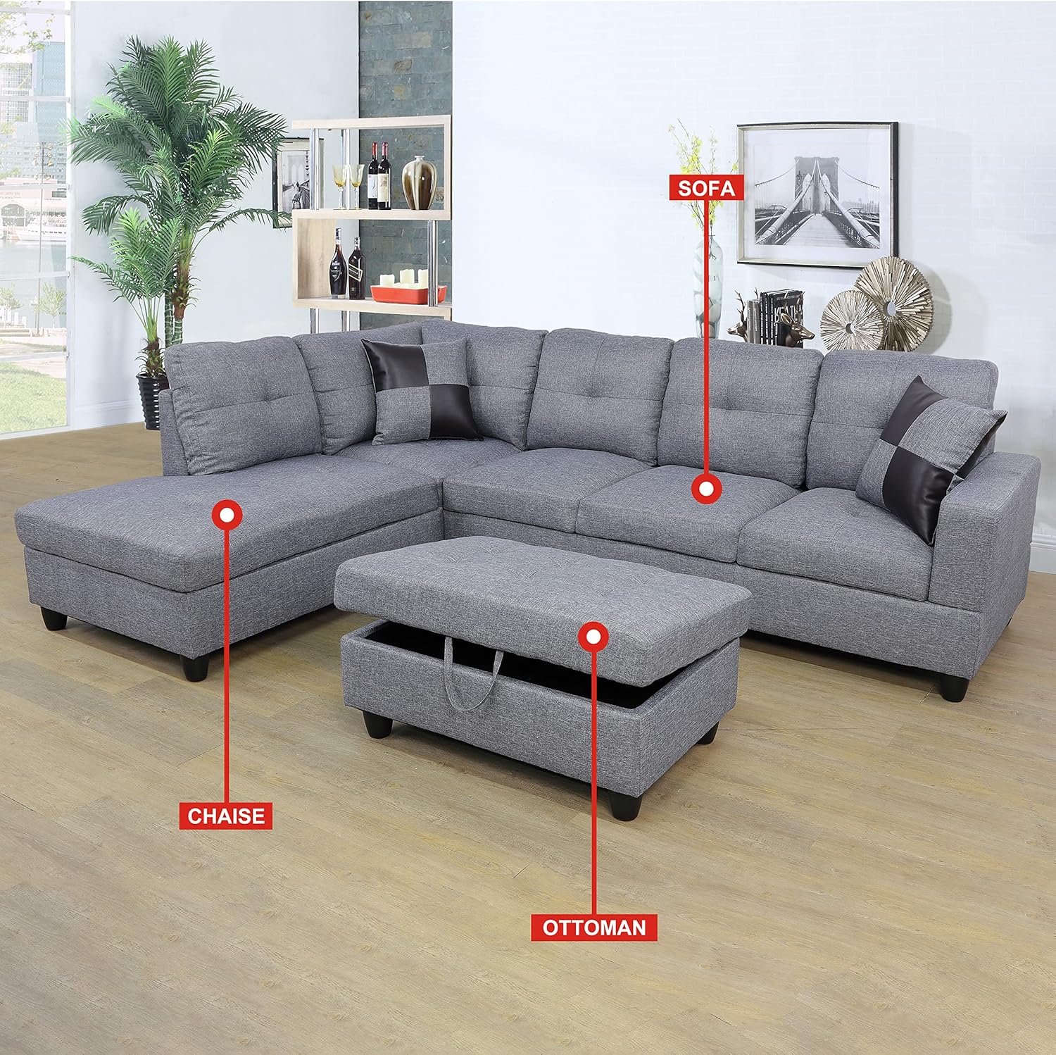 103" L-Shaped Sectional Sofa with Left Chaise Lounge, Storage Ottoman and 2 Throw Pillows
