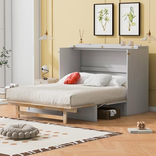 Harper & Bright Designs Queen Size Murphy Wall Bed, Chest Cube Cabinet With USB, Charging Station and Large Storage Drawer for Home Office