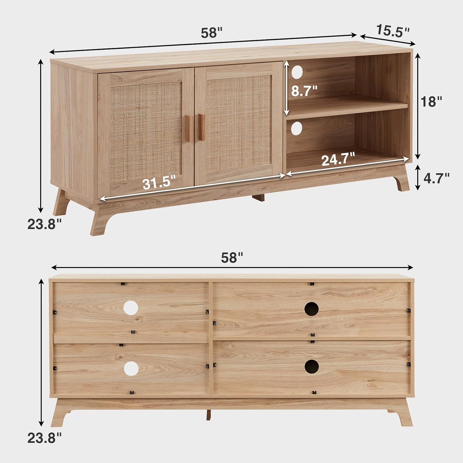 Okvnbjk TV Consoles for Living Room, Mid Century Modern TV Stand for 65 Inch TV, Rattan Entertainment Center