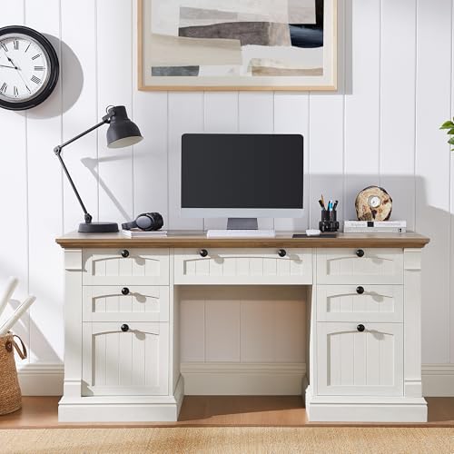 OKD 60" Executive Desk with Drawers, Farmhouse Home Office Desk with Charging Station, Keyboard Tray, File Cabinet Storage