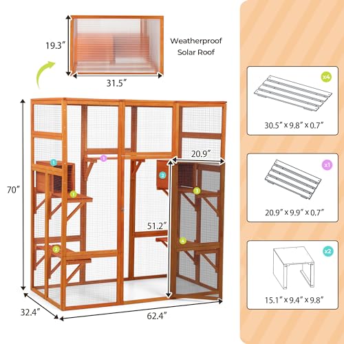 COZIWOW 70Inches Large Stable Spacious Wooden Catio Outdoor Cat Enclosure with Perches and Condos, Cat Cage Indoor with Waterproof Roof