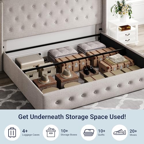 Allewie Full Size Lift Up Storage Bed, Modern Wingback Headboard, Hydraulic Support, No Box Spring Needed, Light Beige
