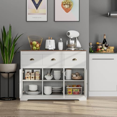 Keyluv White Buffet Cabinet Storage Sideboard Farmhouse Server Bar Wine Cabinet with 3 Drawers & 3 Doors Adjustable Shelves Console Table for Dining