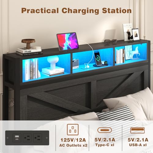 Farmhouse Full Bed Frame with Bookcase Storage Headboard, Charging Station, LED Light and 2 Storage Drawers, Noise Free, No Box Spring Needed, Brown
