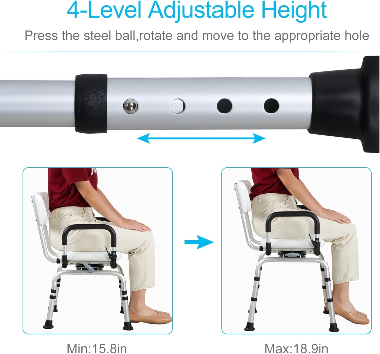 REAQER Swivel Shower Chair 360° Pivoting Bathtub Seat with Arms and Back Narrow Bath Bench for Seniors,Elderly