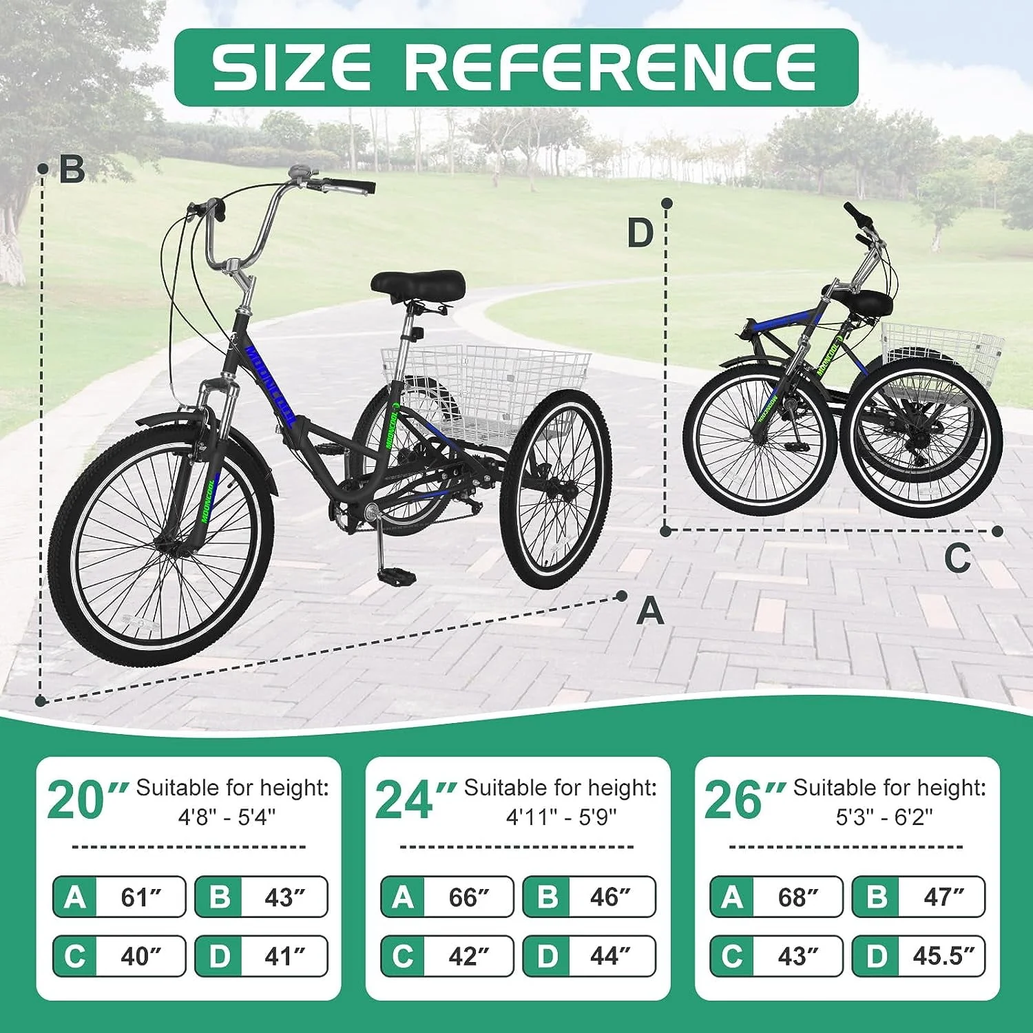 MOONCOOL Adult Folding Tricycle for Adults, 7 Speed 20/24/26 inch 3 Wheels Bikes with Basket, Foldable Tricycle for Adults, Women, Men, Seniors
