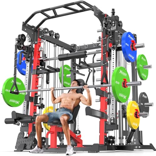 Power Cage Smith Machine Power Rack Multifunctional Deep Squat Rack Cable Crossover System Selectable More Training Attachment for Garage & Home Gym