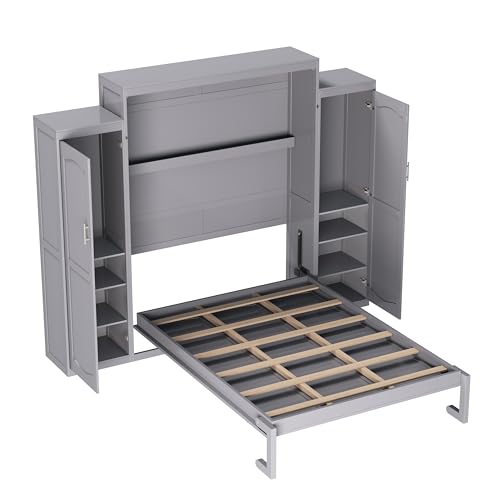 Queen Size Murphy Bed Wall Cabinet with 2 Wardrobe and Storage Shelf, Wooden Murphy Cube Wall Bed
