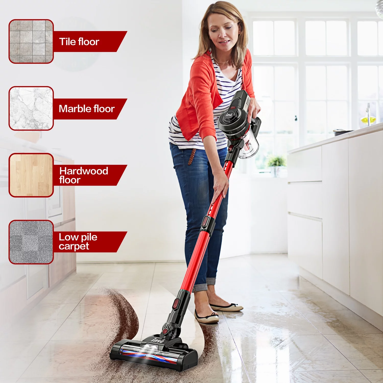 INSE N6 Vacuum Cleaner 160W Rechargeable Cordless Stick Vacuum, up to 45 minutes for Home Hard Floor Carpet Pet Hair, Red