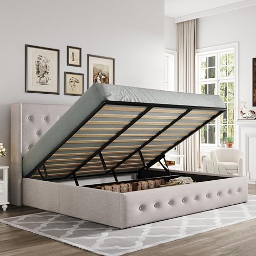 Allewie Full Size Lift Up Storage Bed, Modern Wingback Headboard, Hydraulic Support, No Box Spring Needed, Light Beige
