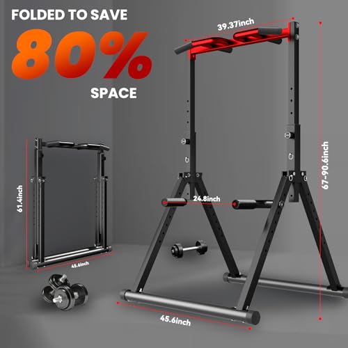 Power Tower Pull Up Dip Station Foldable, Pull Up Bar Station Adjustable, Multi-Function Home Gym, Strength Training Fitness Equipment