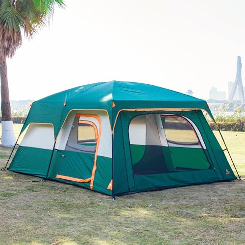 KTT Extra Large Tent 10-12-14 Person(B),Family Cabin Tents,2 Rooms,3 Doors and 3 Windows with Mesh,Straight Wall,Waterproof,Double Layer
