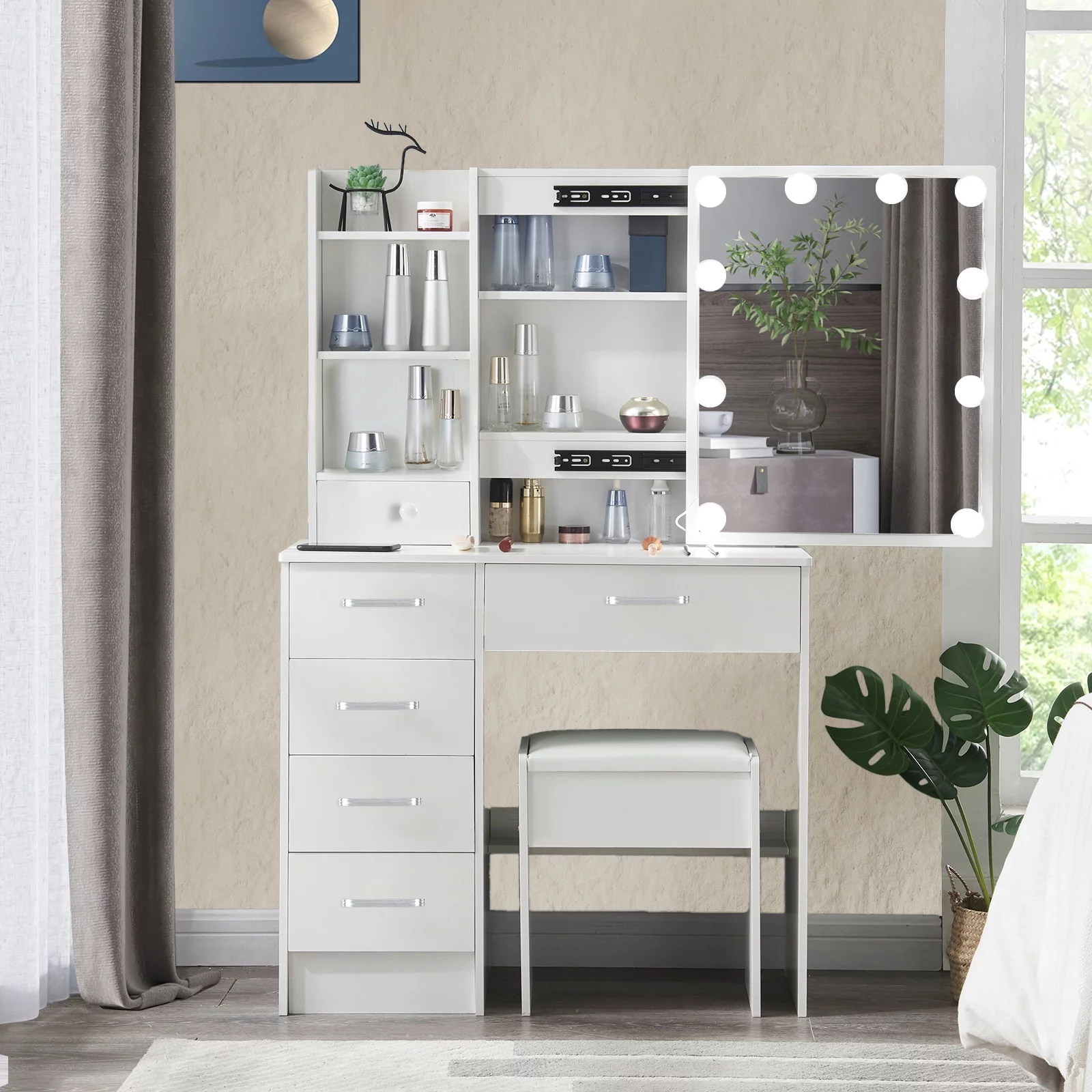 Yamissi Modern Vanity Desk for Bedroom, Makeup Vanity with LED Lighted Sliding Mirror and Stool, Vanity Table with Storage Shelves and Drawers, White