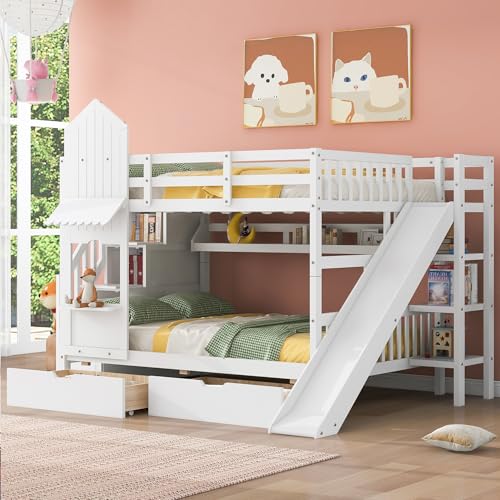 Harper & Bright Designs Twin Over Twin Bunk Bed with Stairs and Slide, Solid Wood Bunk Bed Frame with Storage Drawers and Bookshelf