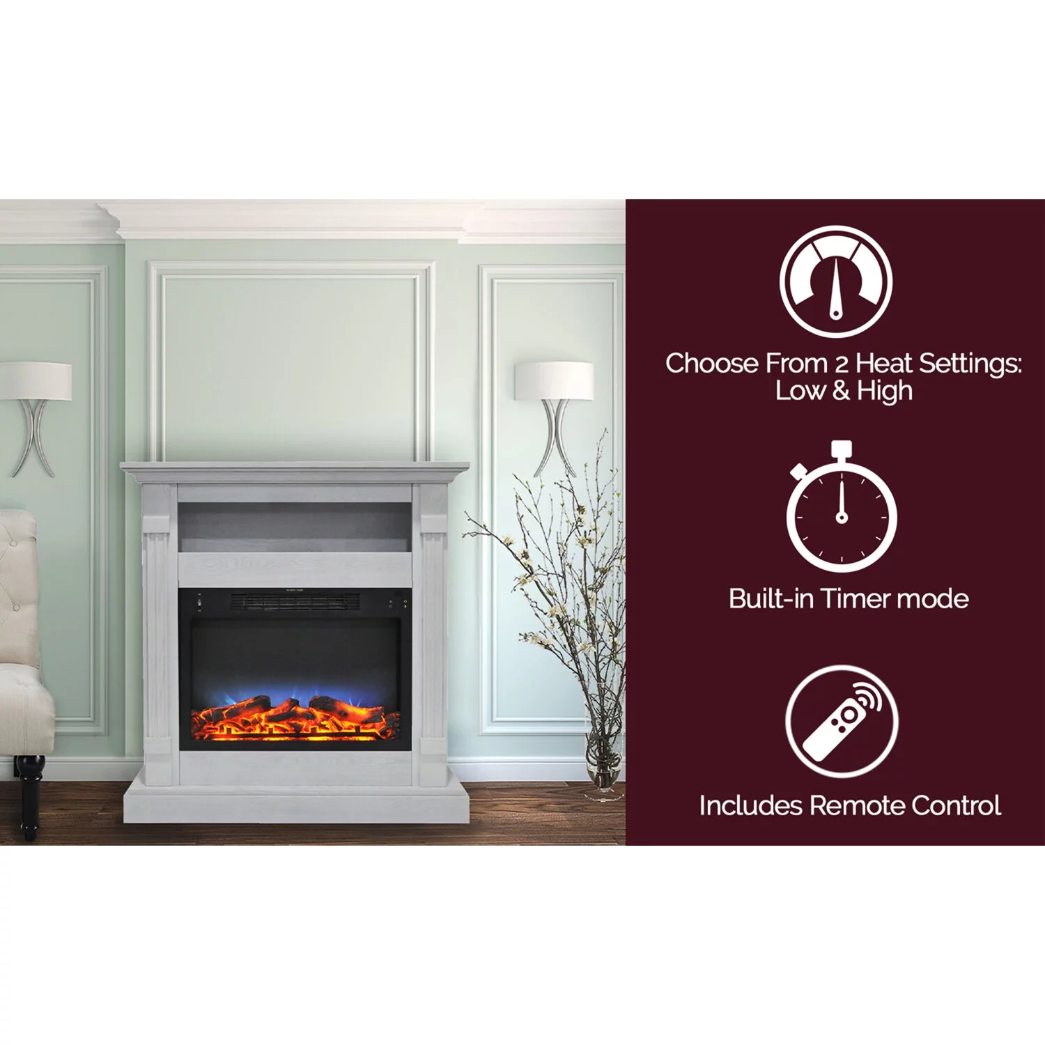 Cambridge Sienna 34" Freestanding White Mantel Electric Fireplace Heater with Realistic Multi-Color LED Flames & Log Insert | Heater For Rooms up to