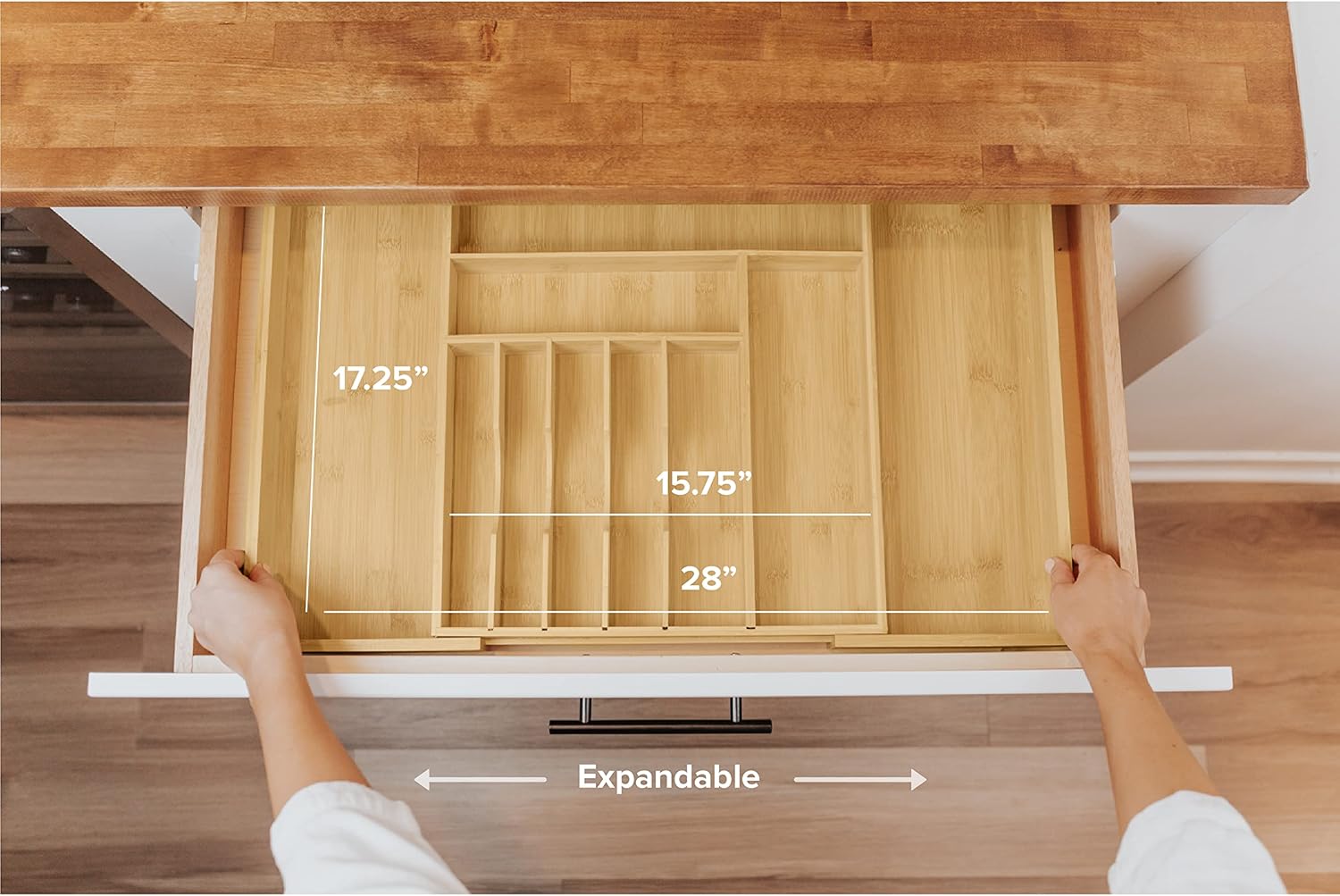 KitchenEdge Premium Silverware, Flatware and Utensil Organizer for Kitchen Drawers, Expandable to 28 Inches Wide, 10 Compartments