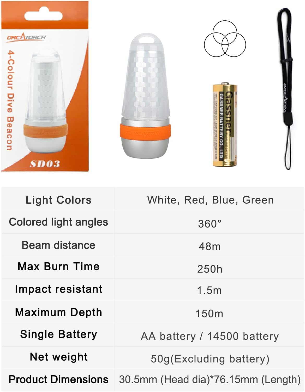 ORCATORCH SD03 Dive Beacon 4-Color-in-1 (Blue, Red, White