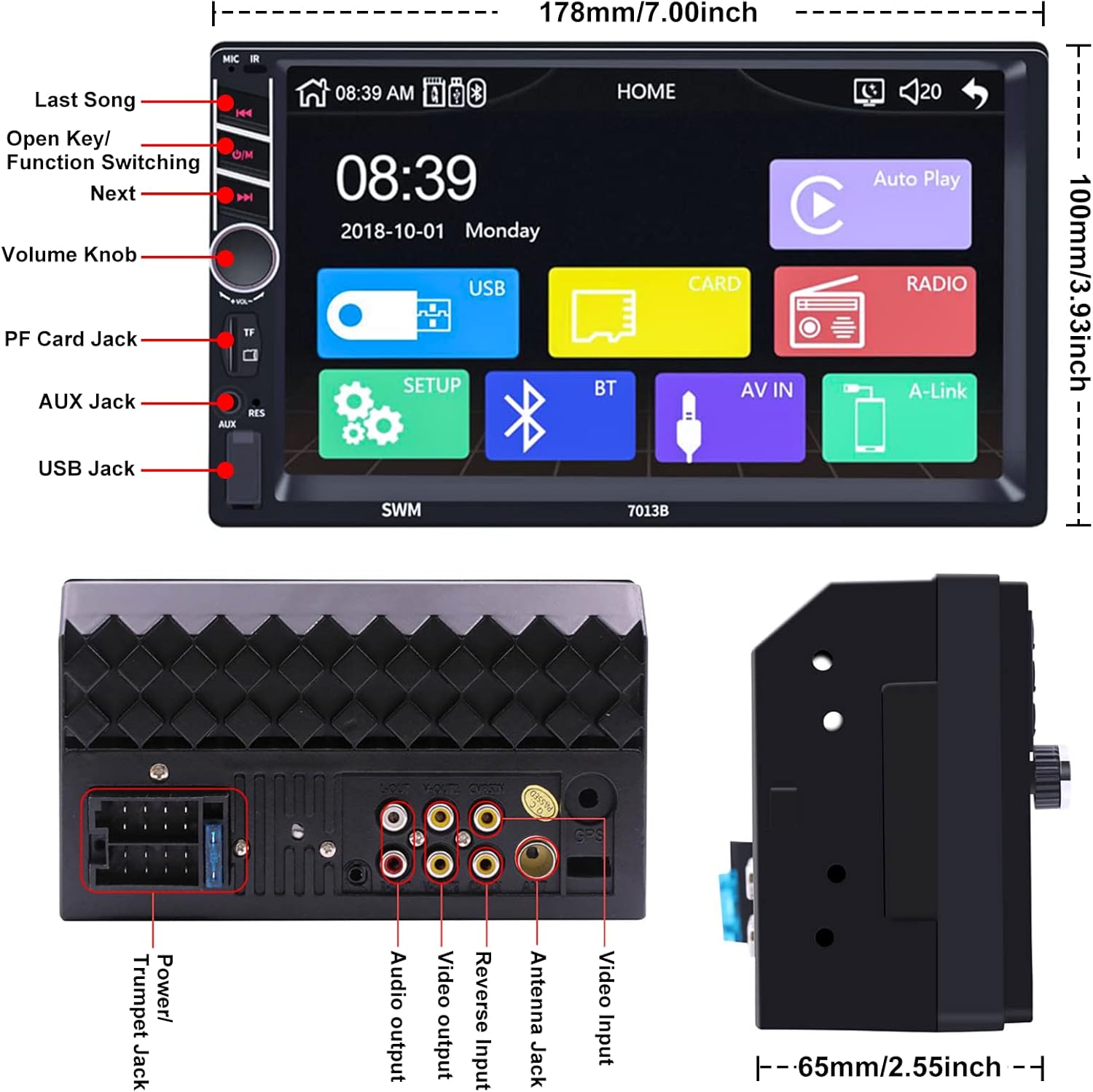 Double Din 7 inch Car Stereo with CarPlay Android Auto HD Touch Screen Multimedia Head Unit MP5 Player FM Receiver Support Bluetooth Mirror Link SWC