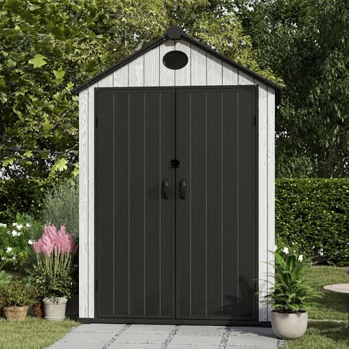 4.4x6 FT Resin Outdoor Storage Shed, 230 Cuft Garden Tool Sheds & Outdoor Storage Plastic Shed with Floor
