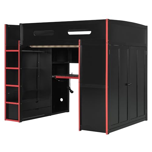 Modern Full Size Gaming Loft Bed with Built-in Desk and Storage Wardrobe, Wood Loft Bed Frame with Light Strip and 2 Drawers