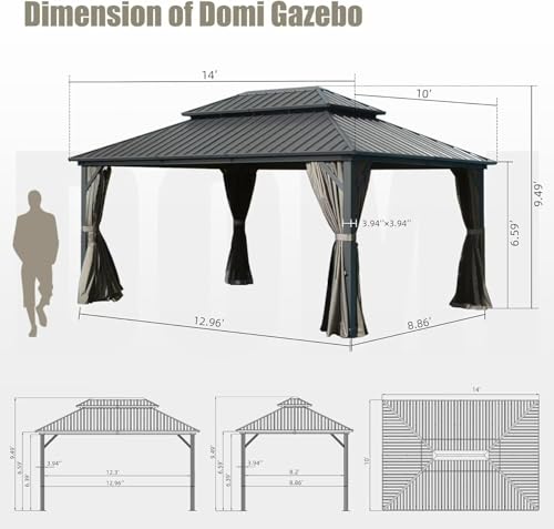 Domi 10’ x 10’ Hardtop Gazebo Metal Frame Canopy with Netting & Curtains