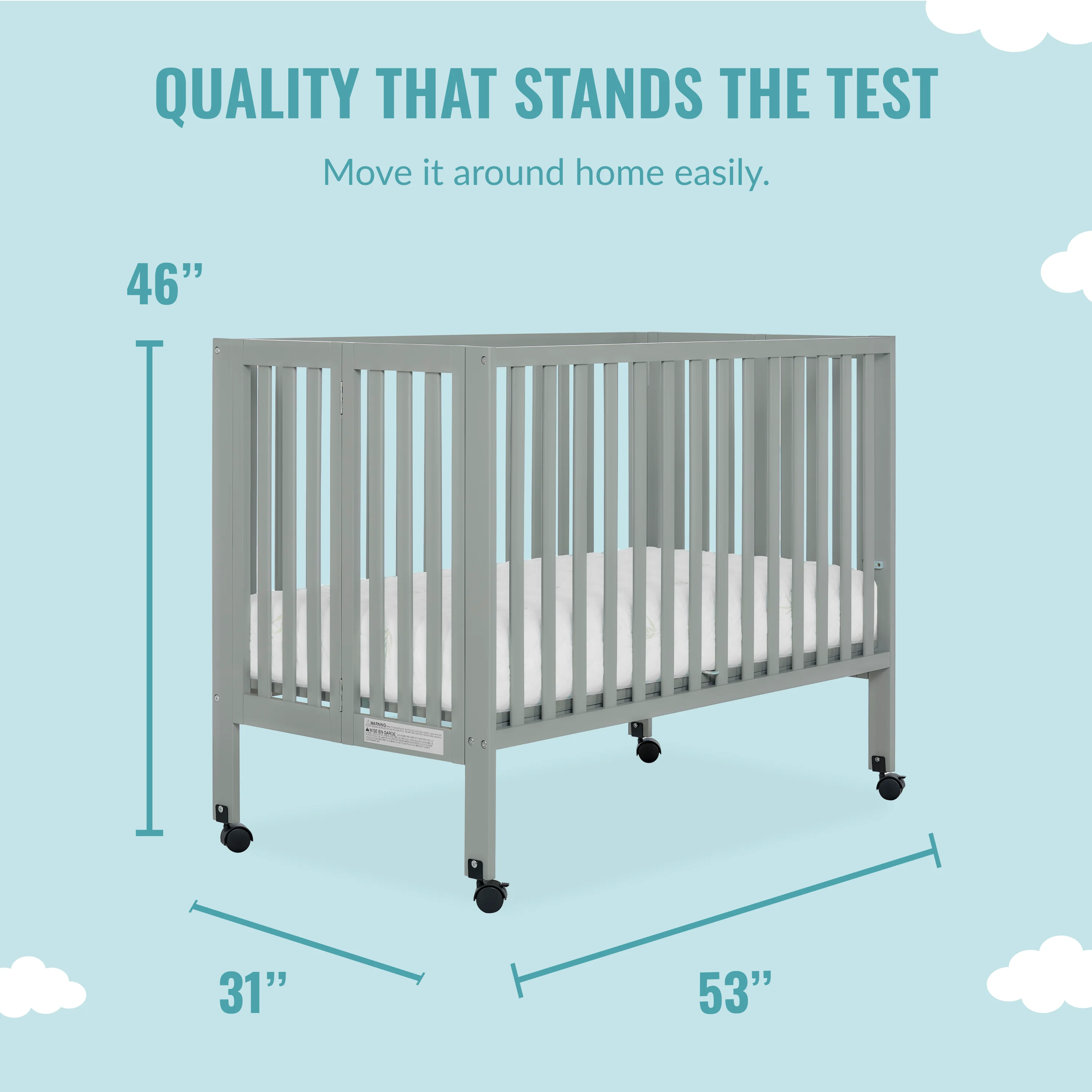 Dream On Me Quinn Full-Size Folding Crib in Cool Grey, Removeable Wheels, Modern Nursey, Adjustable Mattress Support, Portable Crib