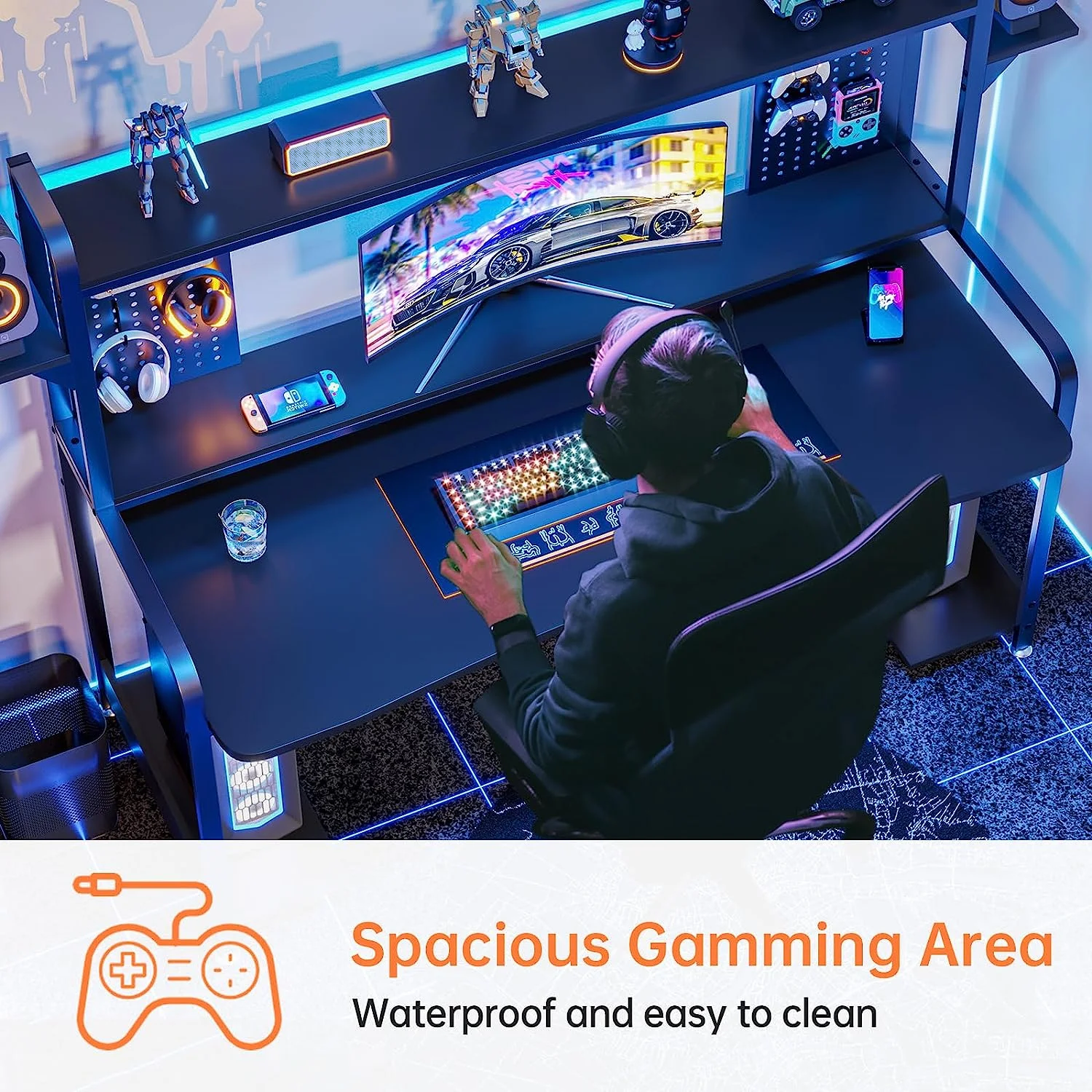 SEDETA Gaming Desk, 55" Computer Desk with Hutch and Shelves, LED Lights, Pegboard and Monitor Shelf, Large PC Gamer Desk Workstation for Home Office