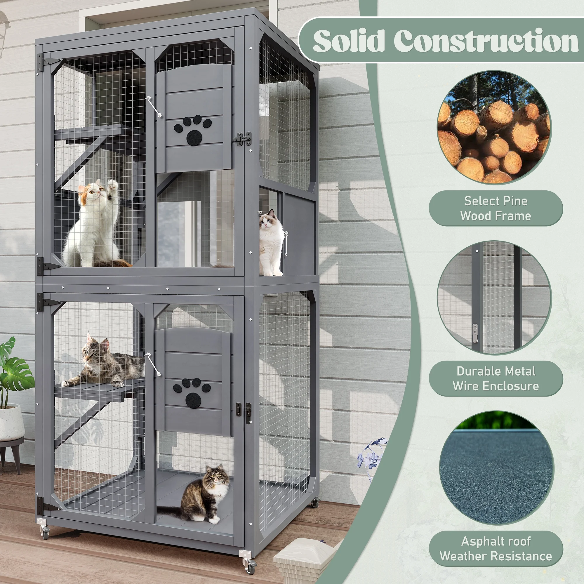 Montary Catio Outdoor Cat Enclosure with Window Access, 4-Tier Cat House with Wheels, Waterproof Roof &amp; Resting Box, Large Gray Cage