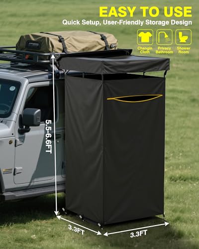PYY Shower Awning- Awning Shower Tent with Roof Rack, Foldable Floor Mat, LED Light Strip, 3 Zippers for Safety & Access