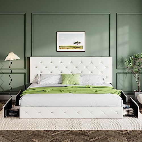 Allewie Upholstered Queen Size Platform Bed Frame with 4 Storage Drawers and Headboard, Square Stitched Button Tufted