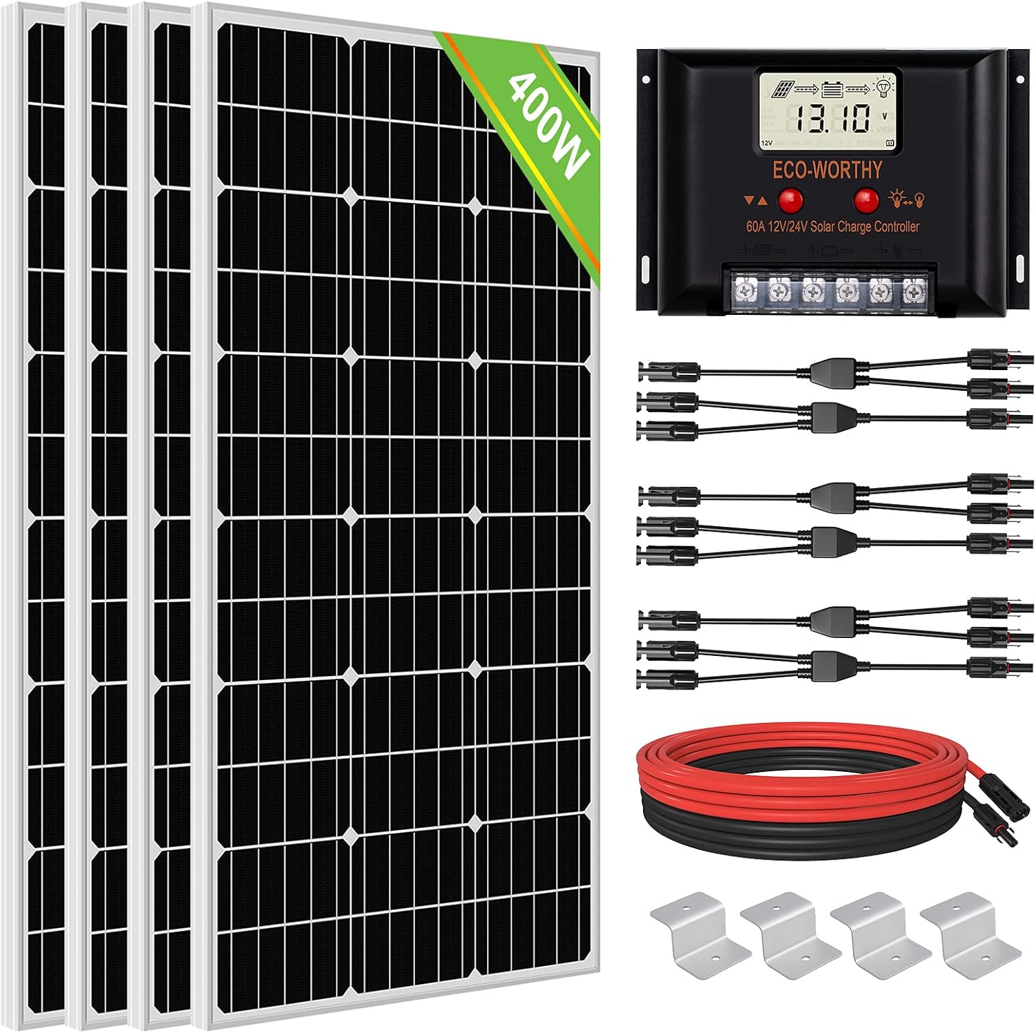 ECO-WORTHY 400 Watt 24 Volt Solar Panel Kit Off Grid with 4pcs 100W Solar Panels + 60A Charge Controller + Accessories Needed for RV, Cabins, Caravan