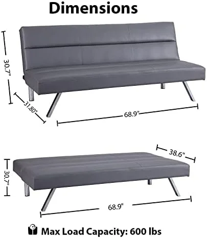GEROBOOM Faux Leather Futon Couch  Modern Convertible Folding Sofa Bed Couch Futon Sofa Bed with Chrome Legs  Reclining Mini Couch  Leather Futon