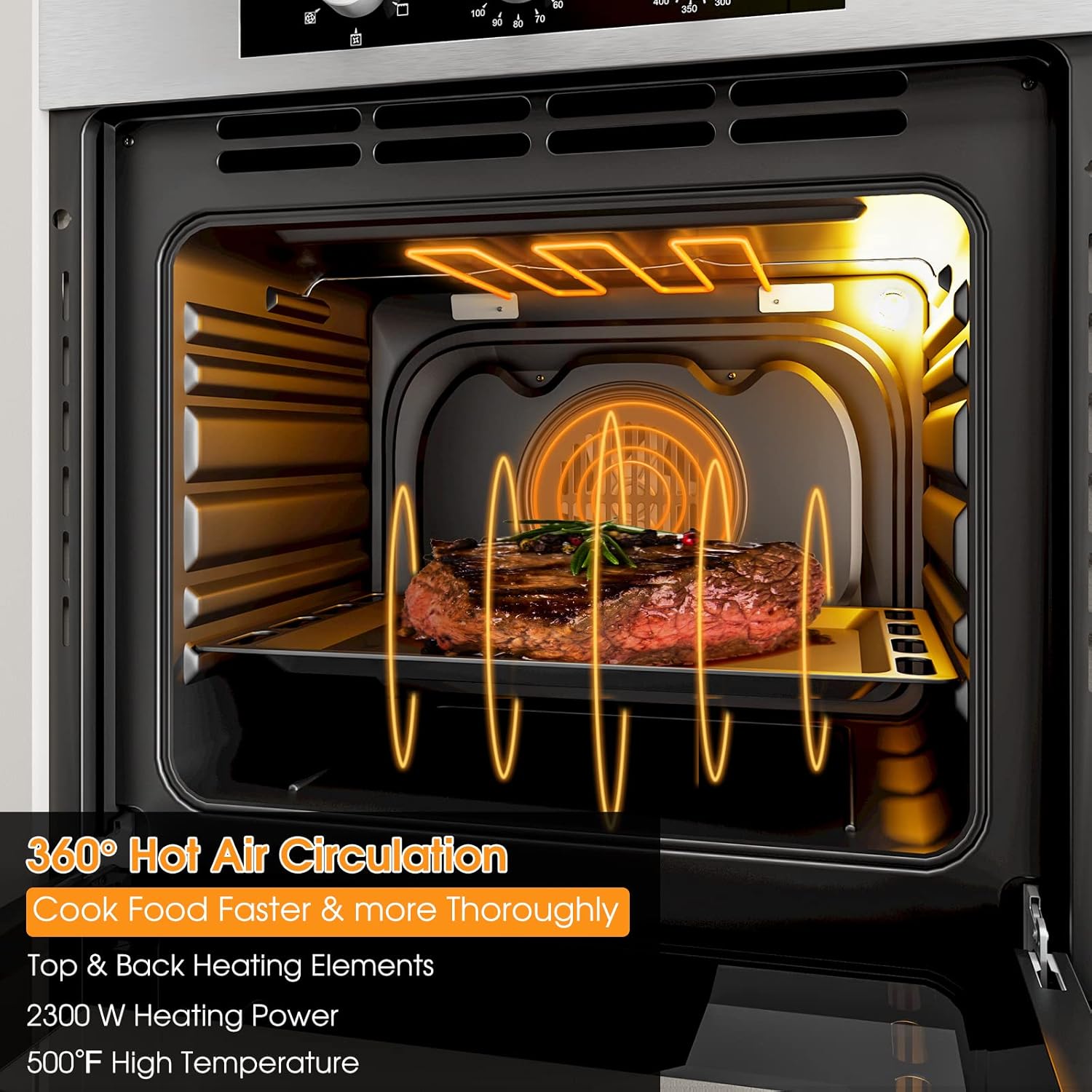 COSTWAY 24" Single Wall Oven, Electric Built-in Wall Oven with 2.47 Cu. Ft. Capacity, 5 Cooking Functions, 360° Rotisserie and Timer