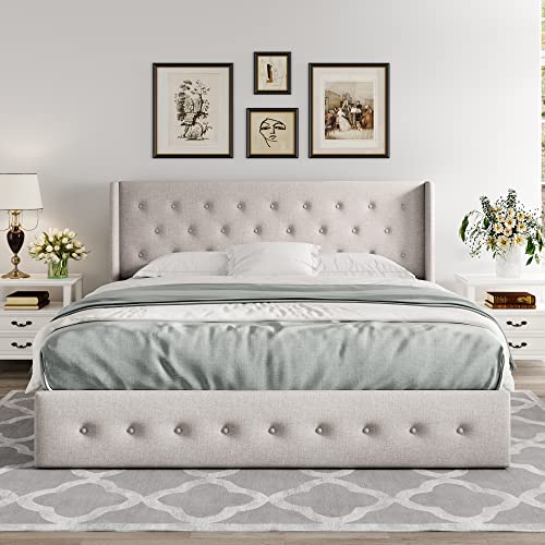 Allewie Full Size Lift Up Storage Bed, Modern Wingback Headboard, Hydraulic Support, No Box Spring Needed, Light Beige