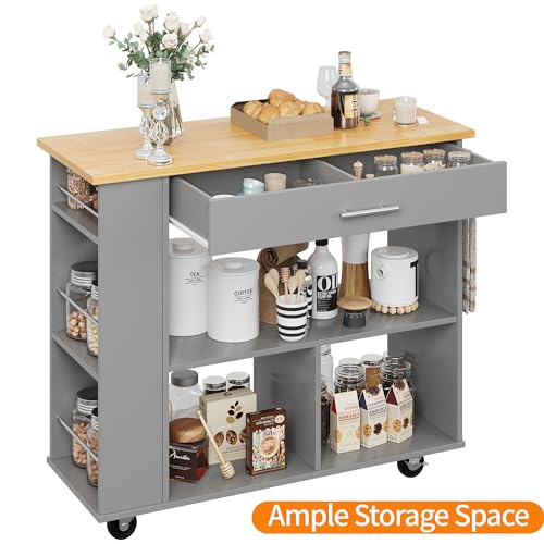 Shintenchi Rolling Kitchen Island Cart with Folding Drop Leaf Breakfast Bar, Portable Trolley Island with Large Storage Cabinet, Shelf and Drawer