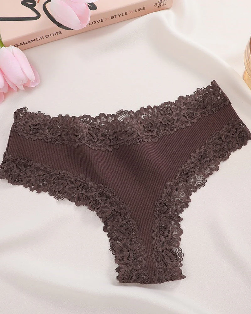 Ribbed Cotton Lace Mid-Rise Panty(9 pack）