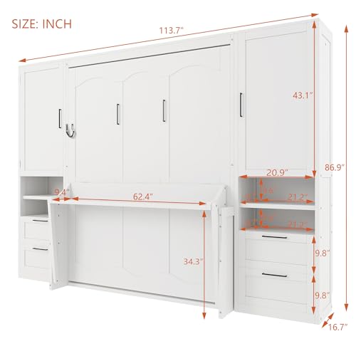 Queen Size Murphy Bed Wall Bed with Desk and Closet,Drawers and Shelves,for Small Spaces Studio Study Office Guest Room Use (Gray#Desk, Queen)
