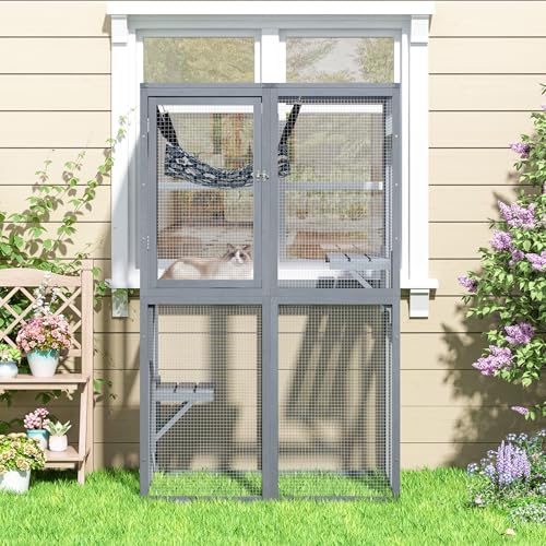 COZIWOW Catio Outdoor Cat Enclosure Window Access, Wooden Cat House Shelter, Kitty Cage with 3 Platforms for Patio Indoor (White)