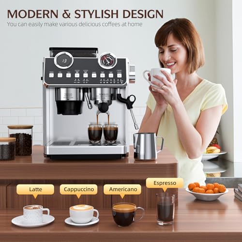 Espresso Machine with Grinder, 20 Bar Pressure Professional Espresso Maker with 30 Grinding Settings, 58mm Portafilte