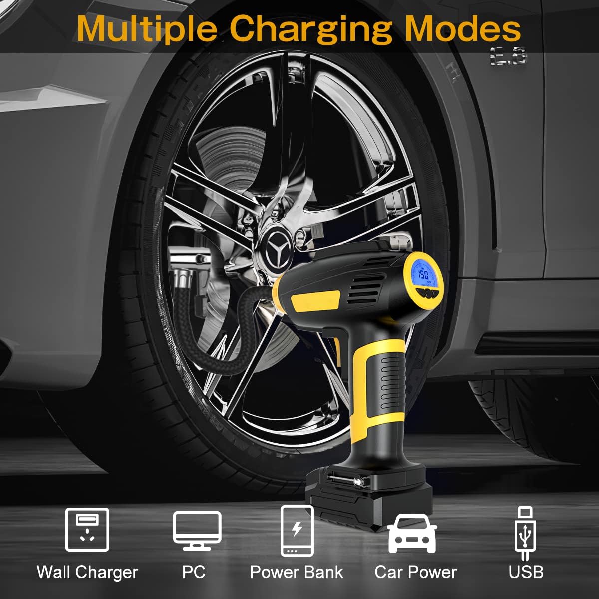 TORYO Tire Inflator, 20V 150PSI Portable Air Compressor Cordless Tire Pump with 2500mAh Rechargeable Li-ion Battery& 12V Car Power Adapter