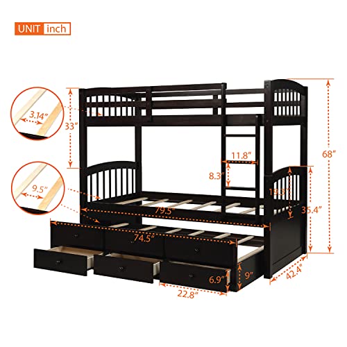 Harper & Bright Designs Twin Over Twin Bunk Bed with Storage Drawers, Solid Wood Bunk Bed Frame with Trundle, for Kids, Teens, Adults (Espresso)