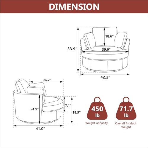 Chifee & Vingol 42.2" Oversized Swivel Accent Chair Round Barrel Chair,Chenille,Beige