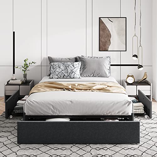 Allewie Queen Size Platform Bed Frame with 3 Storage Drawers, Fabric Upholstered, Wooden Slats Support, No Box Spring Needed, Noise Free