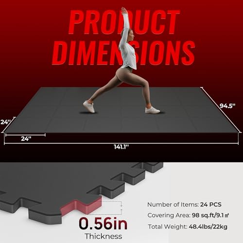 SUPERJARE 0.56'' Thick 24 Pcs 96 Sq Ft Rubber Top Exercise Equipment Mats, High Density EVA Foam Mats with Rubber Top