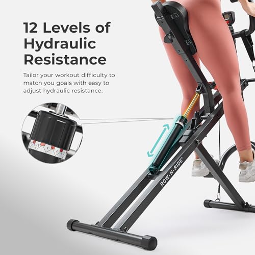 Sunny Health & Fitness Row-N-Ride PRO, Full Body Combo Squat Machine w/Optional Resistance Band, Easy Setup Ab Workout Exercise Equipment for Home