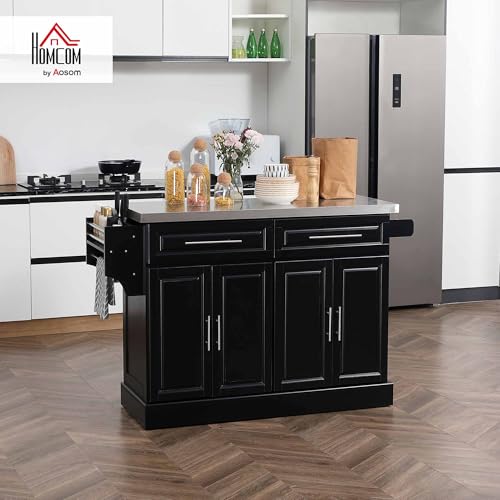 HOMCOM Rolling Kitchen Island Cart with Wheels, Portable Island Table for Kitchen with Stainless Steel Top, Adjustable Shelves, 2 Drawers, Spice